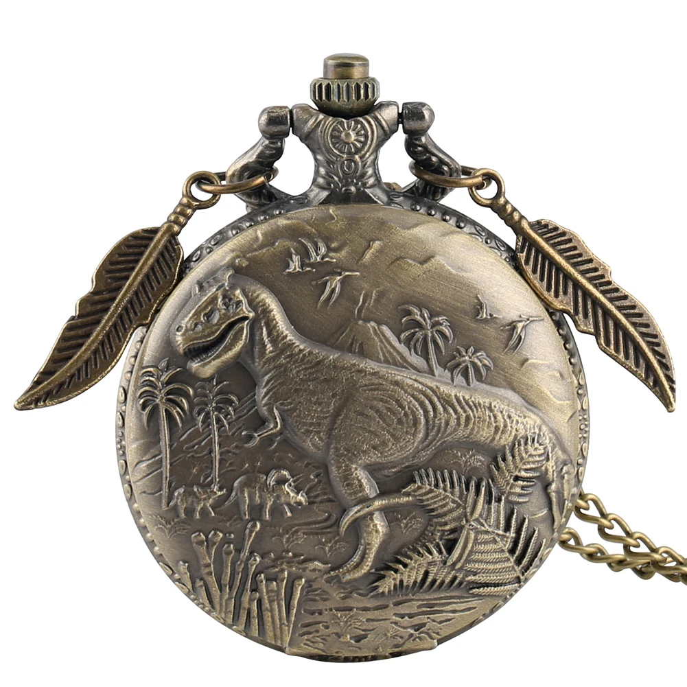 Retro Bronze 3D Dinosaur Sculpture Design Necklace Quartz Pocket Watch Top Gifts Pendant Clock FOB Chain with leaf Accessory