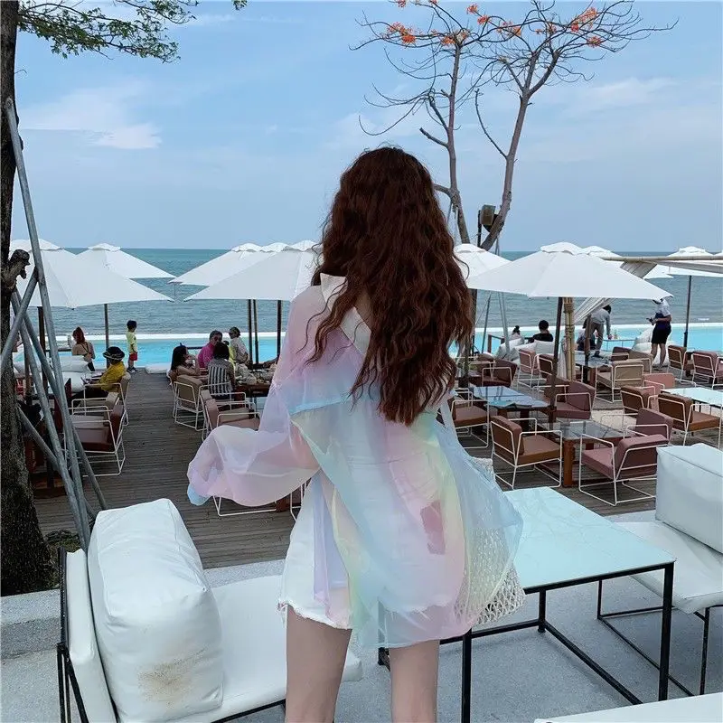 Gradient Rainbow Shirts Women Elegant Holiday Outdoor Sun-proof Translucent Long Sleeve Outerwear Female Tender Korean Fashion