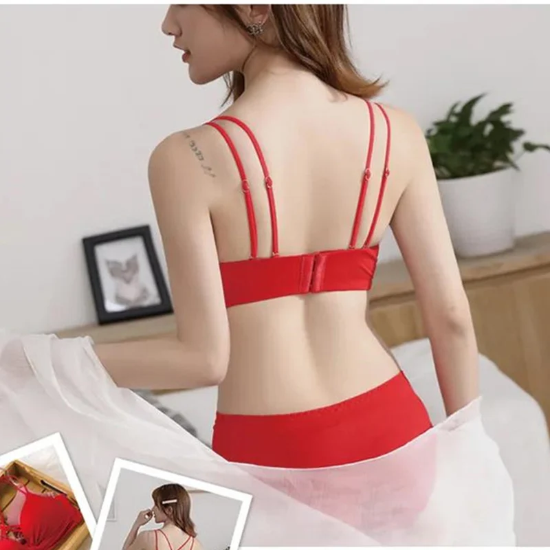 Conjunto de sujetador Sexy para mujer, ropa interior de realce, bragas rojas y negras, cómodo y transpirable, ideal para estudiantes, novedad