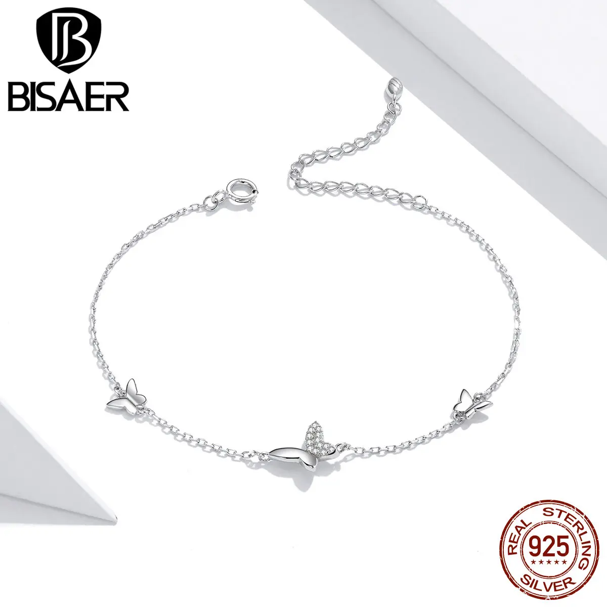 BISAER 100% 925 Sterling Silver Surrounded Butterflies Bracelets Crystal Chain Link Femme Bracelets For Women Jewelry ECB197