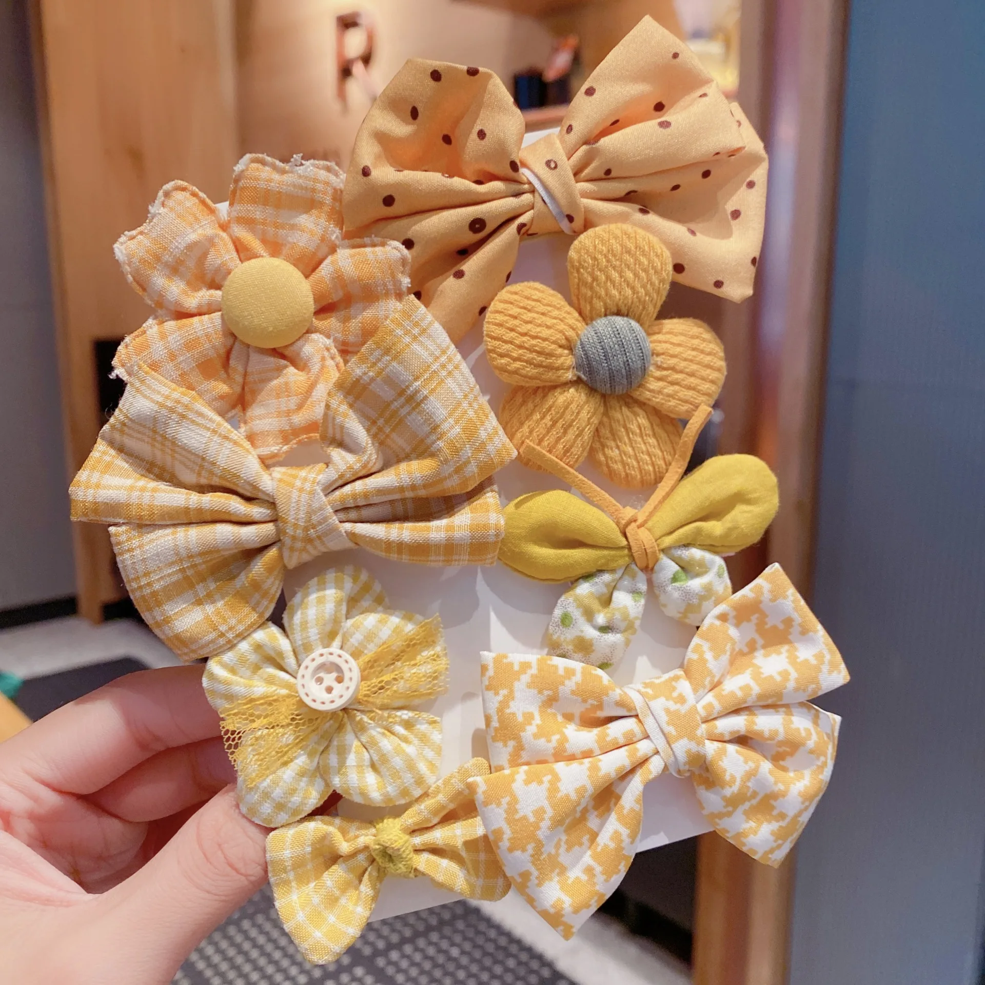 8pcs/Set Children Cute Cotton Bows Ornament Hairpins Baby Girls Colors Hair Clips Sweet Flower Plaid Headdress Kids  Accessories