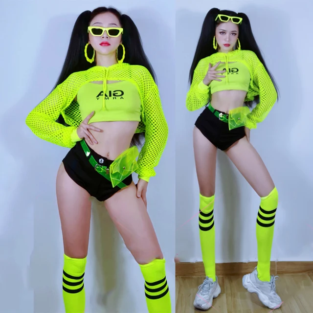 Fluorescencyjny zielony netto topy kamizelka Jazz Hip-Hop ubrania do tańca dla kobiet klub nocny Dj pokaż kostiumy Gogo tancerz stroje DNV15341