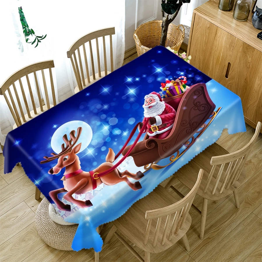 Thicken Cotton Christmas Tablecloth 3D Santa Claus and Elk Sled Pattern Rectangular/Round Table Cloth for Wedding Picnic Party