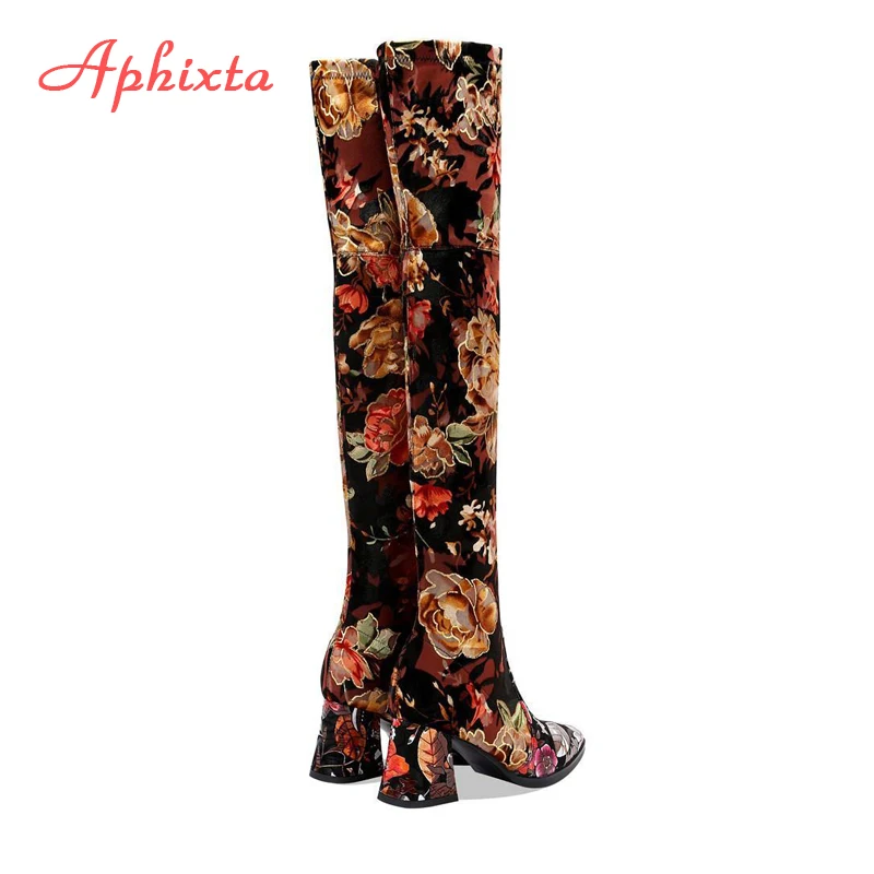 Aphixta Over the Knee Boots Embroider Flower Square Heels Shoes Women\'s Long Shoes Casual Pointed Toe Long Boots Women