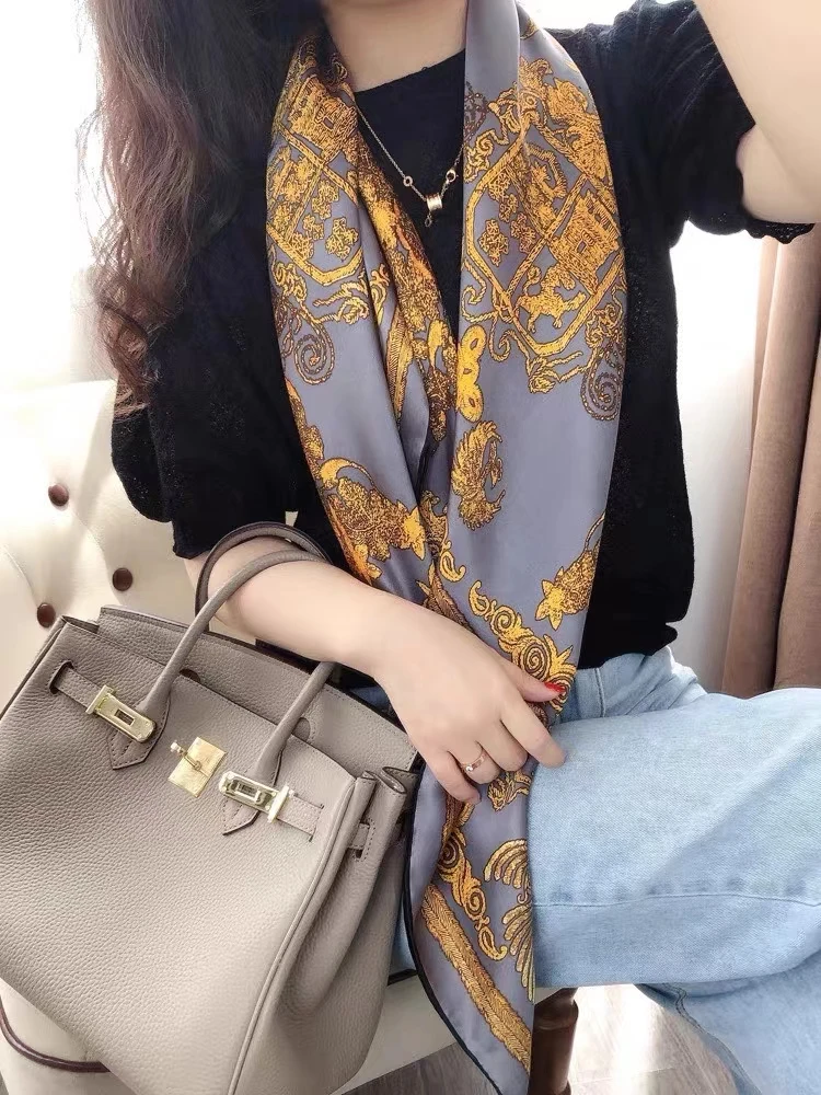 Fashion Grey Gold 100% Natural Silk Women\'s Scarf Bandana Top Grade Autumn Square Scarves Hijabs Winter Brand Headscarf Foulard