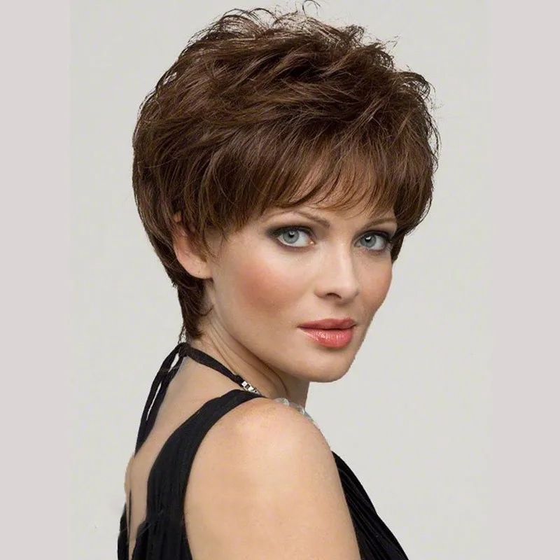 Woman Short Brown Layered Straight Wig With Bangs Synthetic Wig For Women Heat Resistant Fiber Daily Party  Use Wig