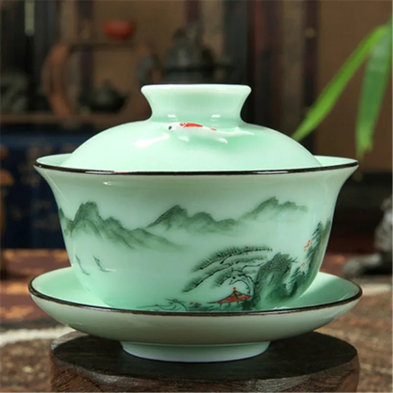 Household Chinese Celadon Gaiwan Tea Set Kung Fu Hand Painted Gaiwan Mountain River Print Fish Caving Tureen Saucer 170ML