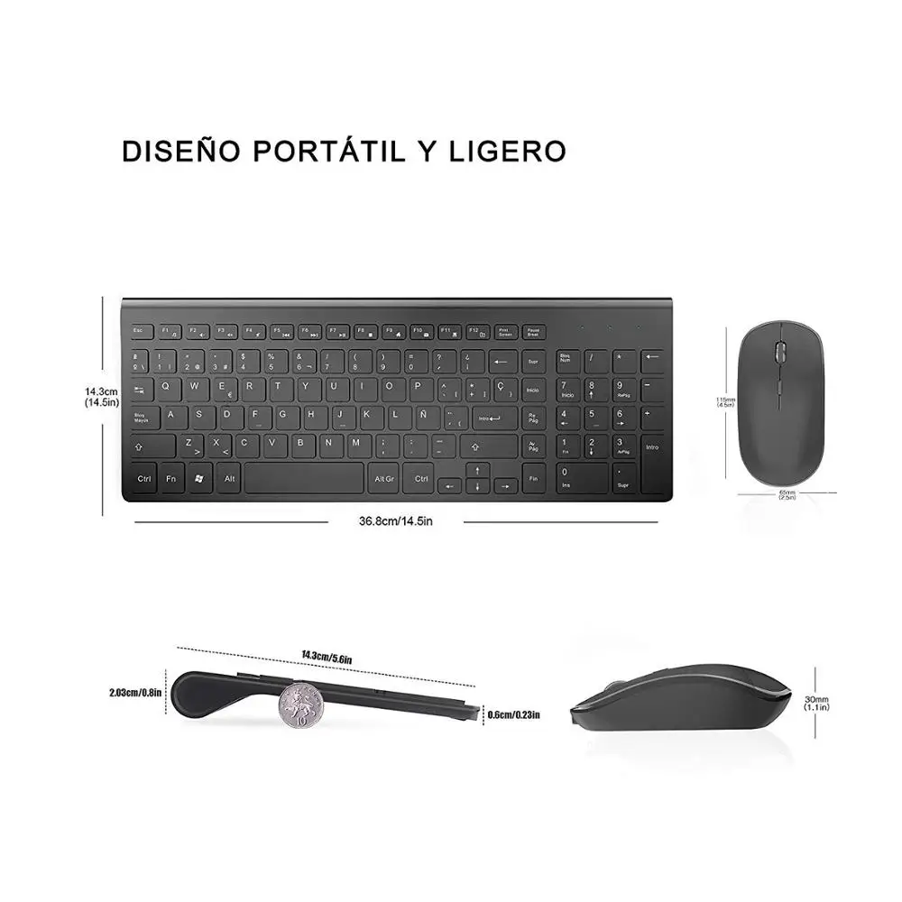 Spanish wireless keyboard and mouse combination, 2.4 gigahertz stable connection rechargeable battery, portable mute black