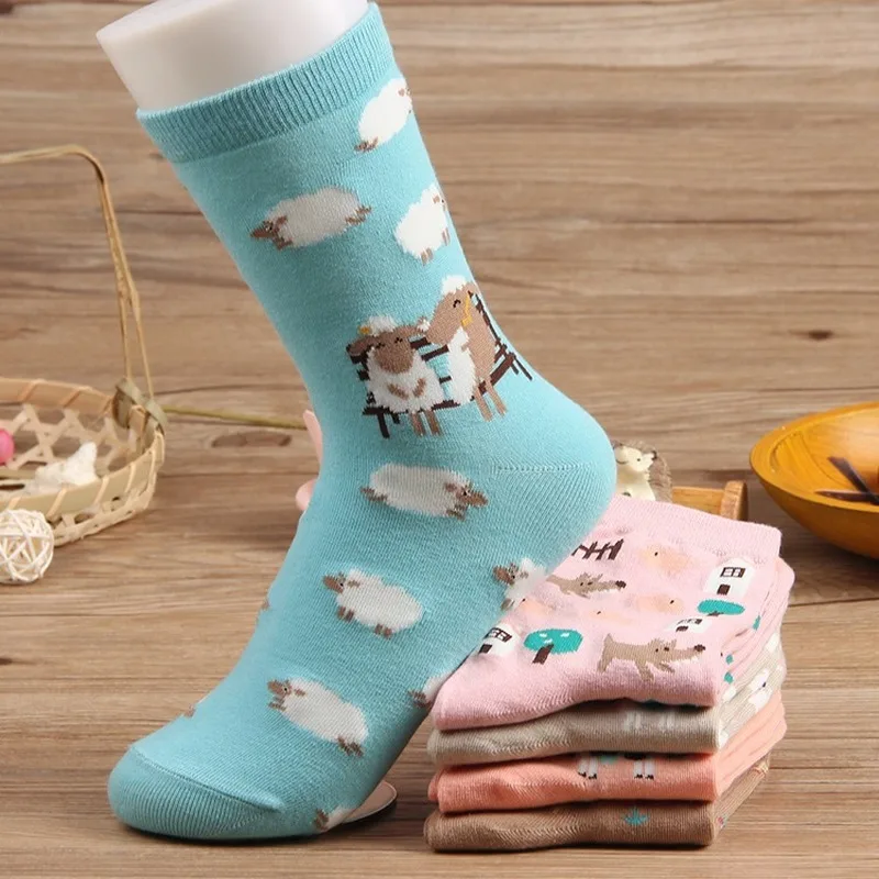 

Cute animal print socks women cartoon lamb, duck, funny wolf pure cotton socks Harajuku socks