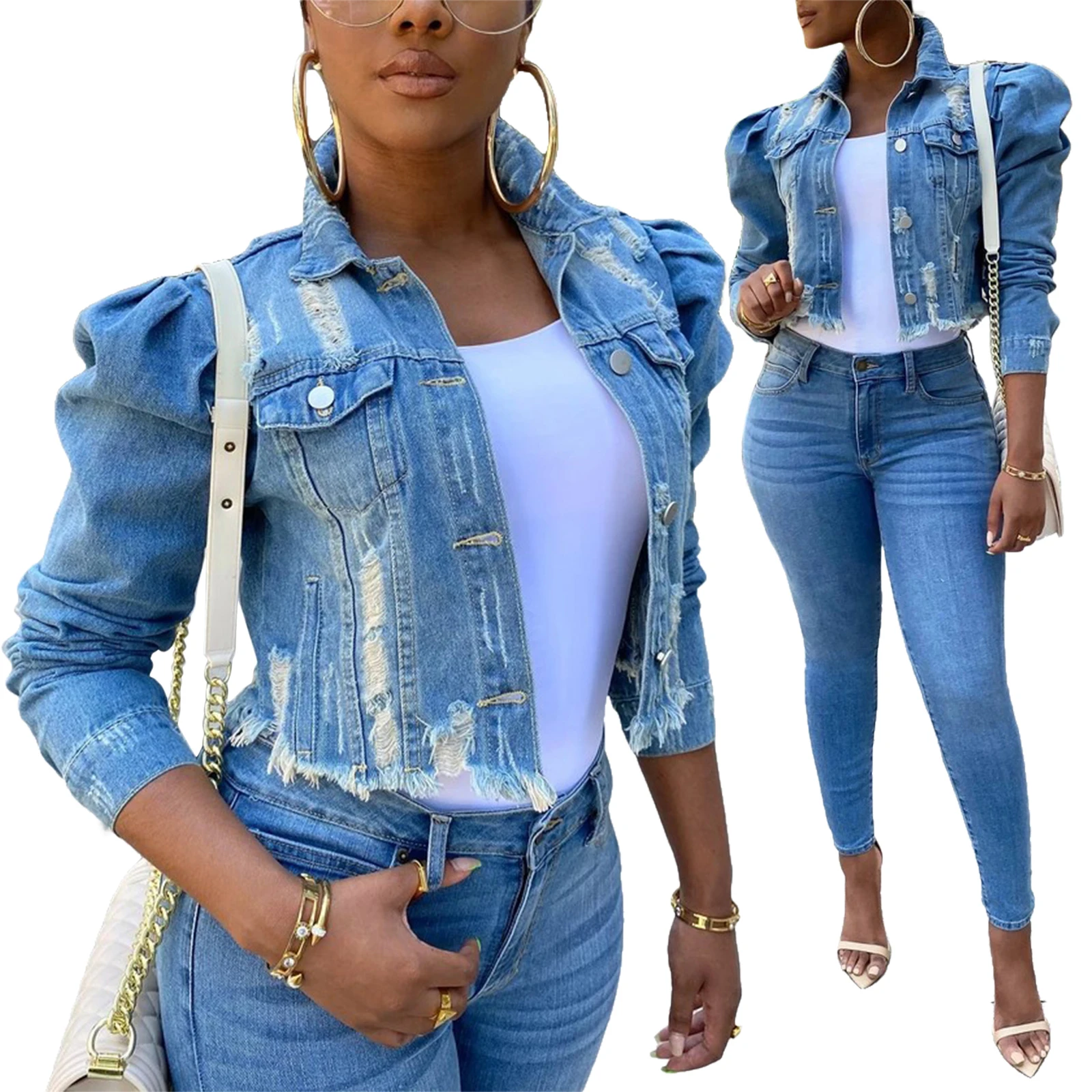 Y2k Women\'s Ripped Denim Jacket Casual Long Puff Sleeve Button Down Cropped Jean Coats for Fall