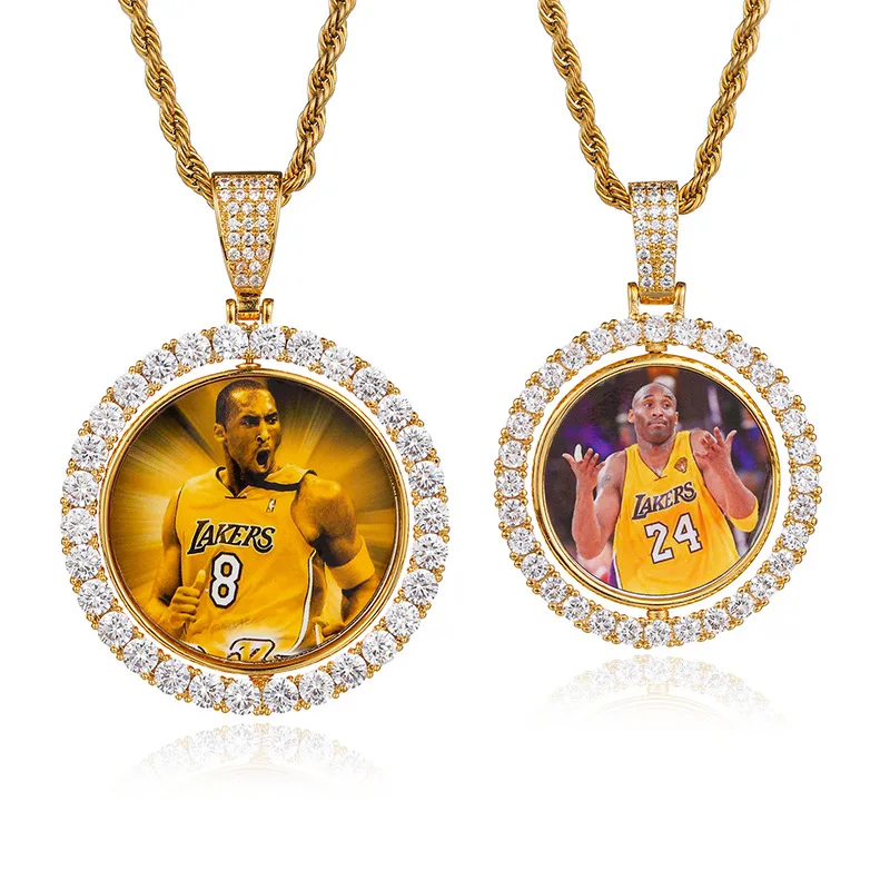 GoldButterfly Custom Photo Rotating Double-sided Medallions Pendant Necklace With 4mm Tennis Chain Zircon Men's Hip Hop Jewelry