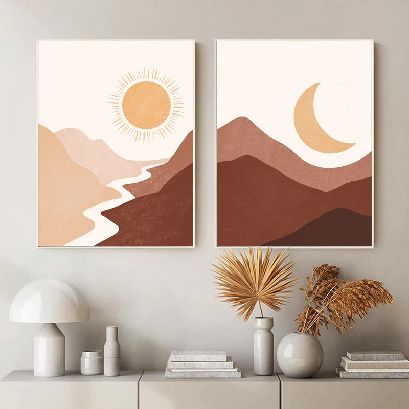 

Abstract Landscape Wall Art Sun Moon Canvas Painting Nordic Poster Mountain Texture Wall Pictures for Living Room Boho Decor