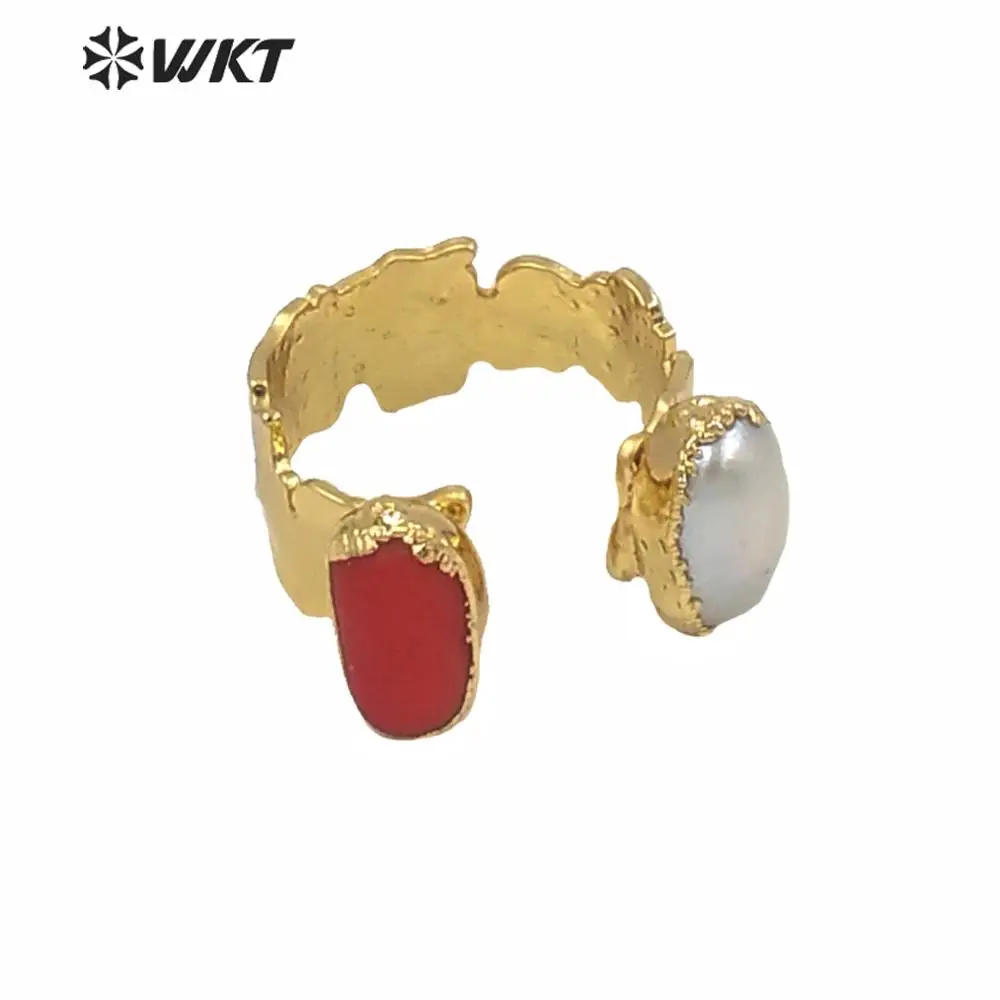 MPR010  High Quality Double Charm Jewelry Ring Double Charm Red Coral Pearl Lady Ring Gold Electroplated Adjustable Ring