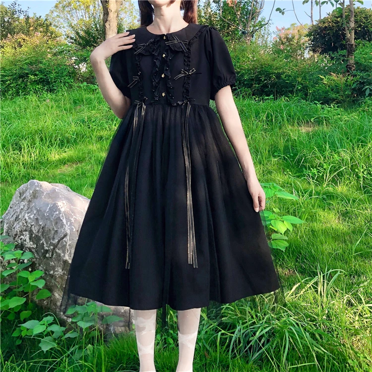 Japanse Zoete Pop Kraag Vintage Boog Stiksels Dark Hoge Taille Mesh Pluizige Jurk Vrouwen Zomer Victoriaanse Gothic Lolita Jurk