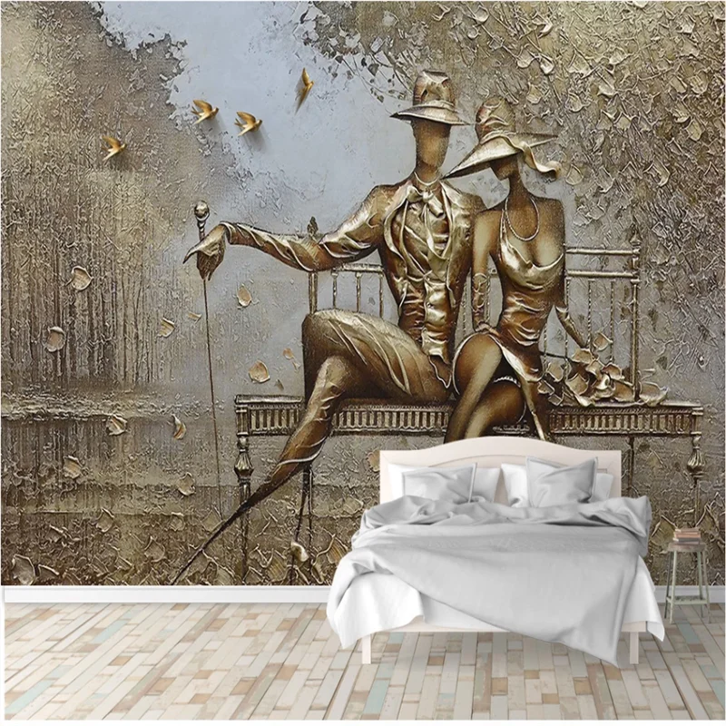 XUE SU Custom large wallpaper mural European 3D three-dimensional golden relief park couple interior decoration painting