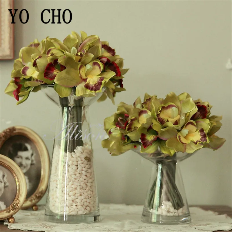 YO CHO-زهرة اصطناعية فراشة الأوركيد الحريرية ، 7 رؤوس ، ديكور المنزل ، الزفاف ، طاولة الحديقة ، DIY