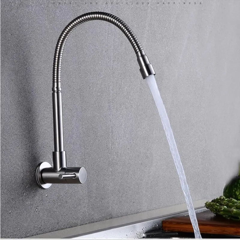 Wall Mounted single cold Stream Sprayer Kitchen Faucet Single Handle 304 stainless steel Flexible Hose Kitchen Mixer Taps