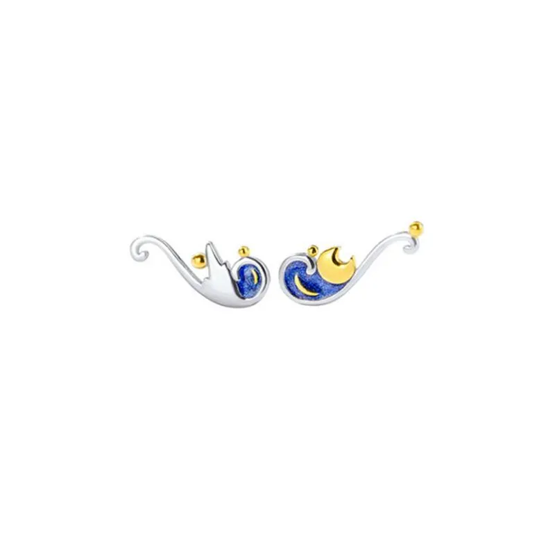 New Creative Personality Star Bearded Crescent 925 Sterling Silver Jewelry Simple Mori Epoxy Van Gogh Star Stud Earrings E196