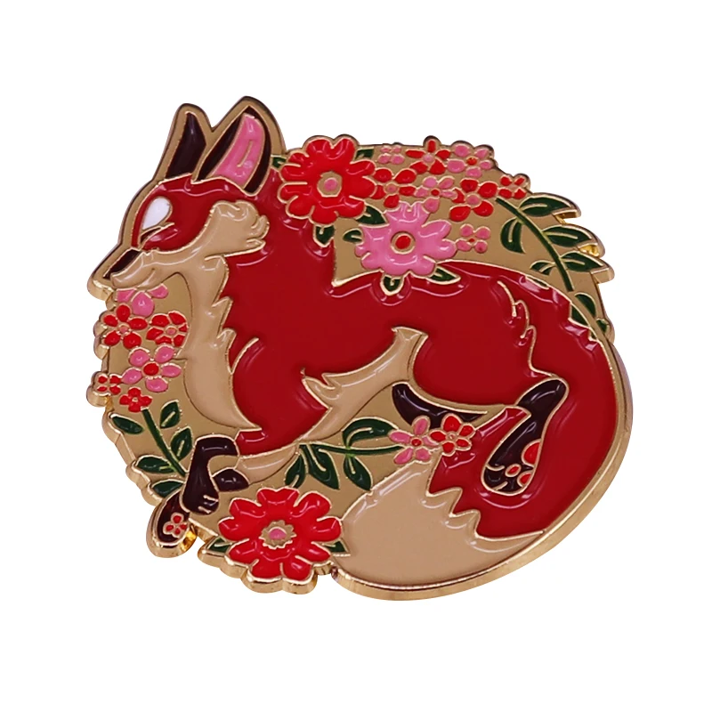 flowers Red Fox enamel pin fantasy wildlife Vulpes brooch animals lapel pin badge