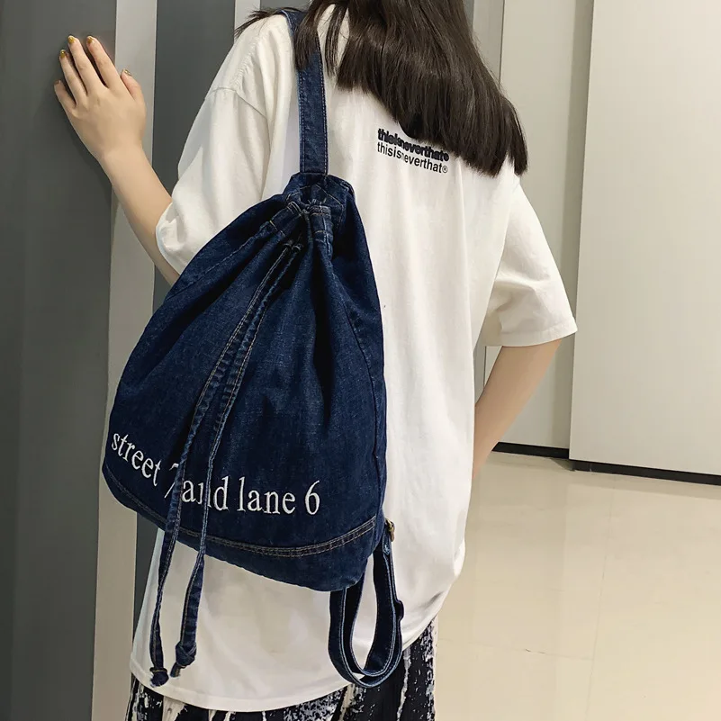 Denim Drawstring women Backpack Big Capacity Casual Cotton Women Backpacks Travel Shoulder Bags School bag Rucksac bagpack blue