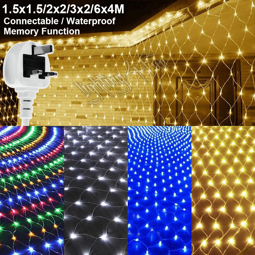 UK Plug 6x4M LED Net Lights Christmas Outdoor Decoration Bush Mesh Lights Connectable Waterproof 8 Modes Fairy String Lights