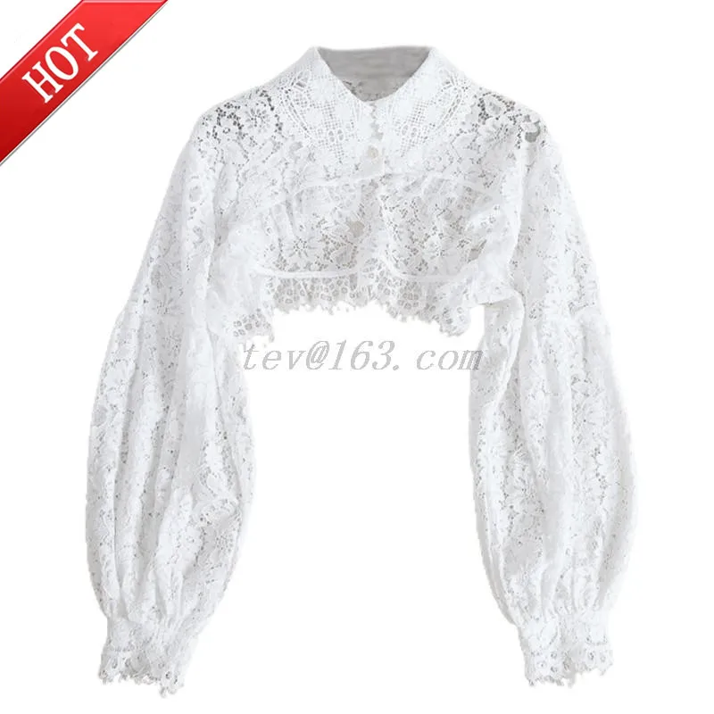 Women Puff Long Sleeve Lapel Half Top Blouse Hollow Out Eyelash Floral Lace Detachable False Fake Collar Dickey Necklace