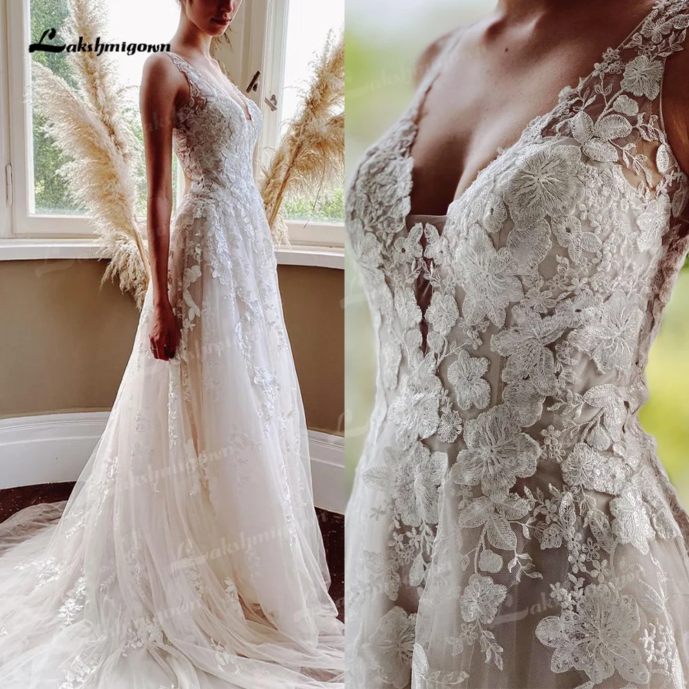 Sexy V Neck Wedding Dress Sheer Lace Bodice Sleeveless Bridal Gowns Womens Formal 2022 Bohemian Bridal Dress hochzeits kleid