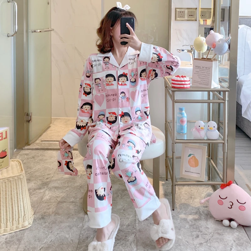 2024 New Winter Pijama Women Home Clothing Cartoon Chibi Maruko Anime Nightwear Pink Pants Cotton Cozy Party Cardigan Pajama Ins