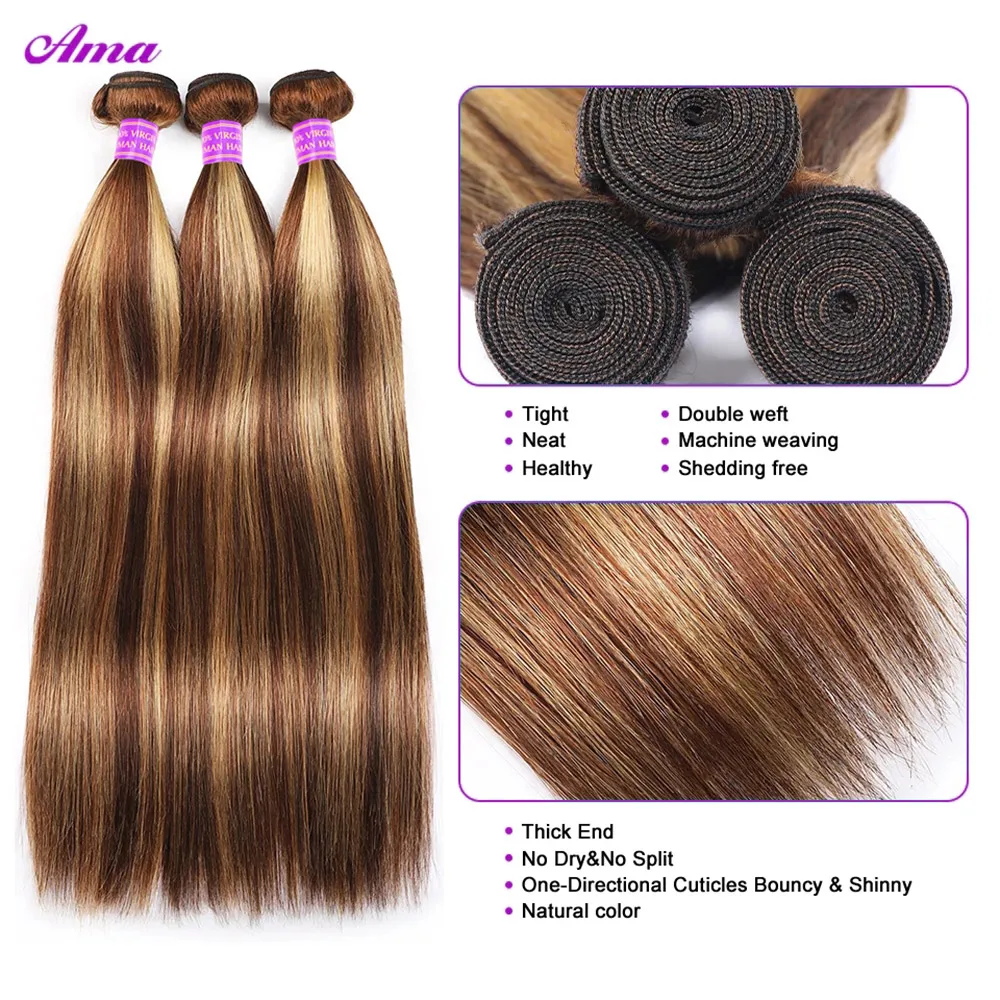 P4 27 Highlight Bundles With Closure Bone Straight Bundles With Closure 4x4 Inch Brown Human Hair Bundles With Closure Free Part