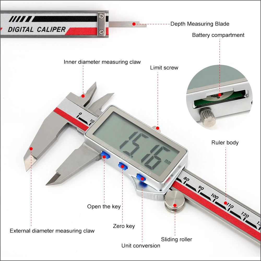 RZ Vernier Caliper Electronic Digital Caliper Stainless Steel Handheld 0-150mm 0-200mm Vernier Caliper Measuring Tools