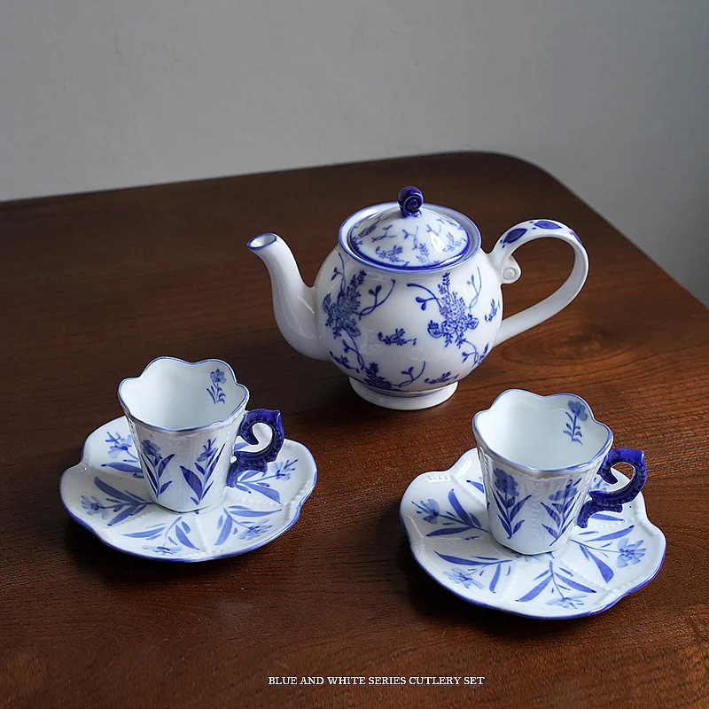 European hand painted Chinese blue and white series basket color ceramic afternoon tea set tableware plate and pot