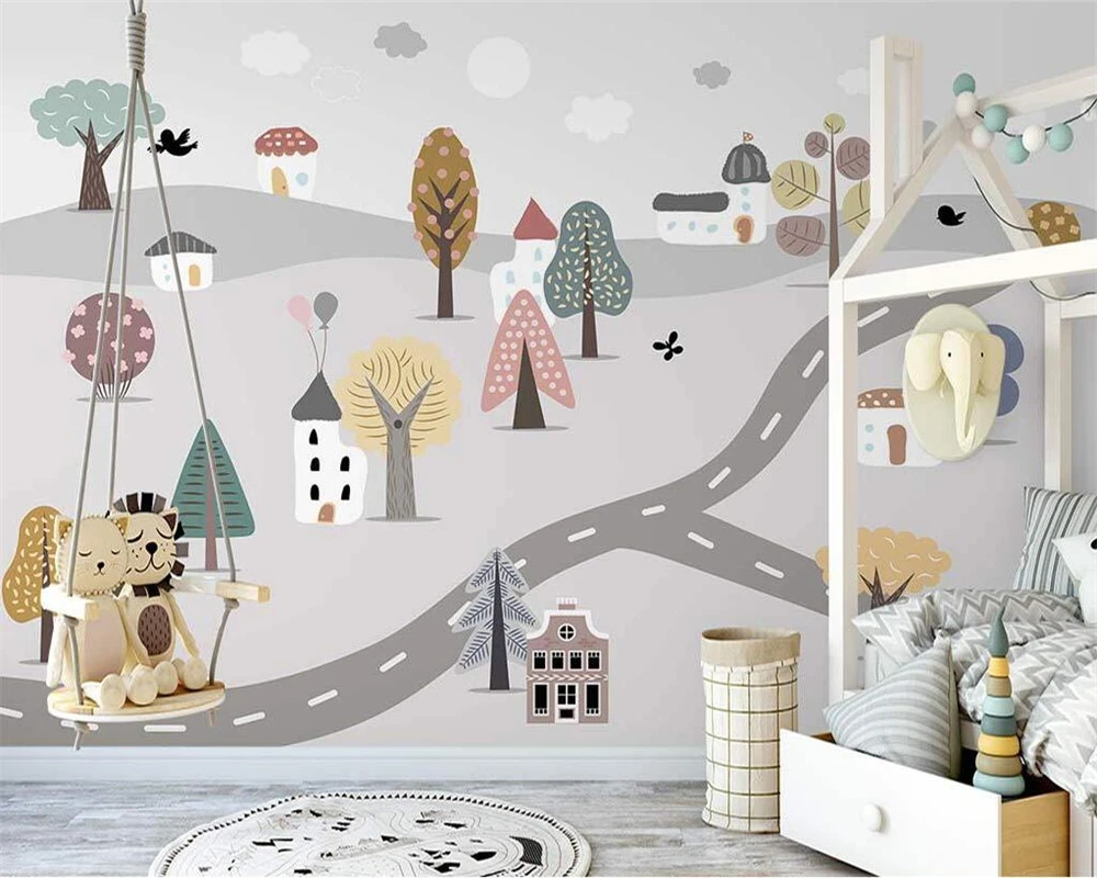 beibehang Customized modern new Nordic hand-painted cartoon forest small house road hillside children's wallpaper papier peint