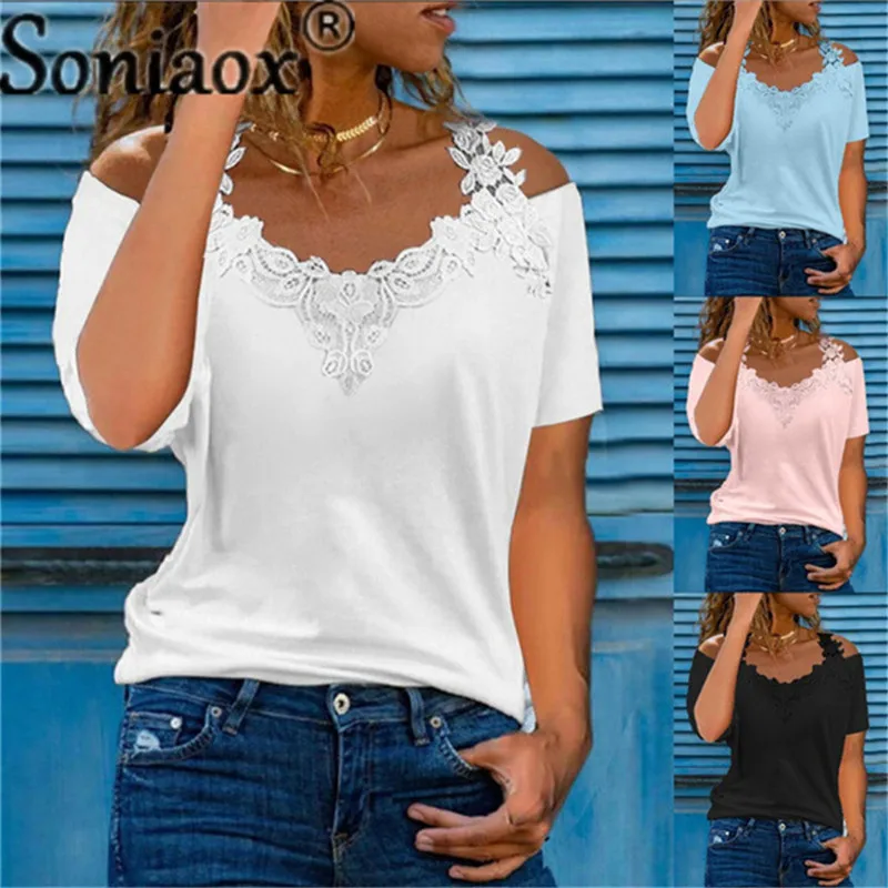 Summer Short Sleeve Sexy Lace Shirt Women Casual V Neck Loose T Shirt Ladies Hollow Sling Off Shoulder Pullover Tops