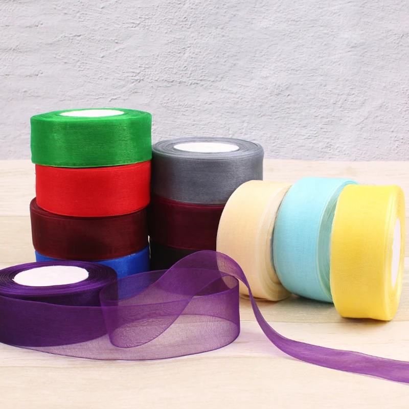 (50yards/roll) 12/15/20/25/40mm Organza Ribbon gift wrapping decoration Christmas silk ribbons for Wedding DIY Craft Handmade