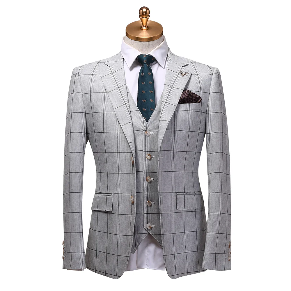 

Men Suit Spring Autumn Mens Suits With Pants Vest For Wedding Groom 3 Piece 2pcs Set Thin Plaid Business Man Wear Plus Size