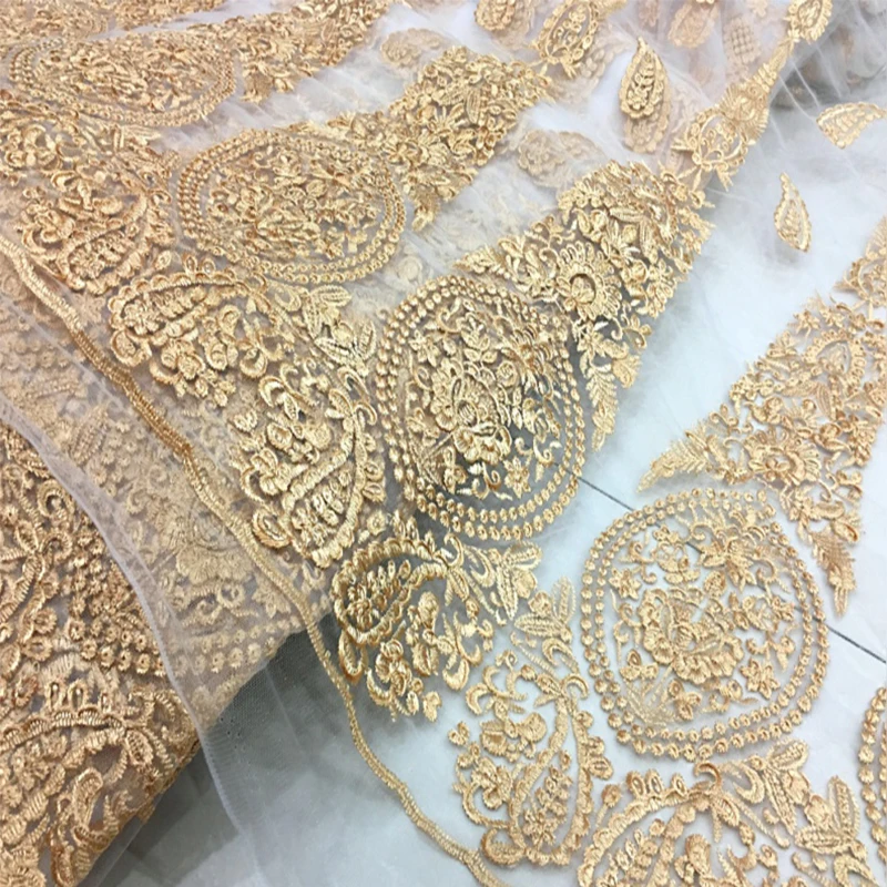 New Gold Thread Embroidery Mesh Lace Fabric French African Lace For Wedding Dress Designer Fabric