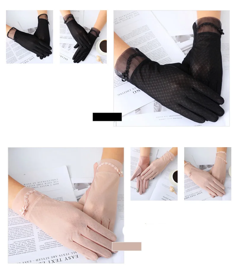 Sexy Summer Women UV Sunscreen Short Sun Screen Pearl Flowers Gloves Thin Ice Silk Lace Touch Screen Viscose Driving Gloves J53