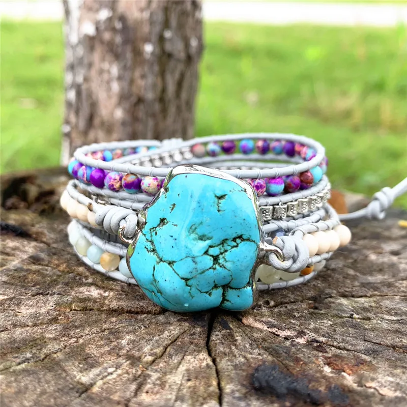 Romantic Leather Wrap Bracelets Nautural Stone Turquoise Multilayers Strand Bracelet Teengirl Women Jewelry Bijoux Dropshipping