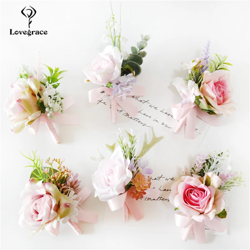 Boutonniere 웨딩 단추 구멍 핑크 실크 장미 꽃다발 신부 들러리 팔찌 꽃 신랑 Boutonniere 결혼 액세서리