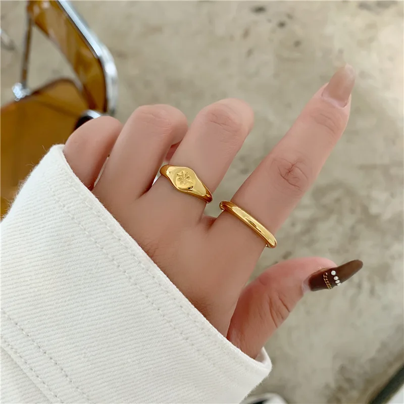 New Stainless Steel Engrave Starburst Signet Plain Round Stacker Rings for Women 18K Gold Plated Color  Ring Waterproof Jewelry