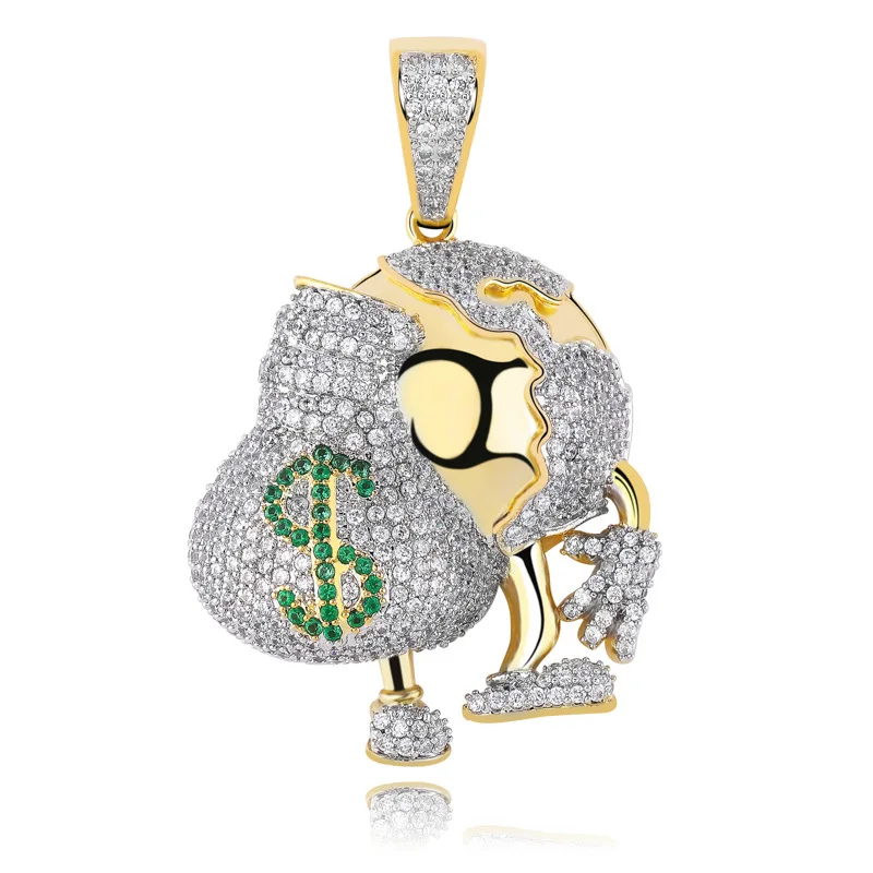 

Hip Hop AAA+ Cubic Zirconia Paved Bling Iced Out Dollar Money Bag Cartoon Character Pendants Necklace for Men Rapper Jewelry