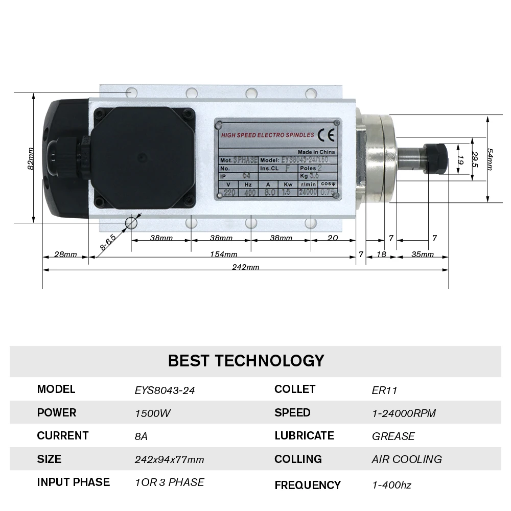 Z axis Spindle motor kit 1.5kw 1500 air cooling spindle ER11 motor +YL VFD inverter  + 7 pcs ER11 collets （1-7mm） for CNC