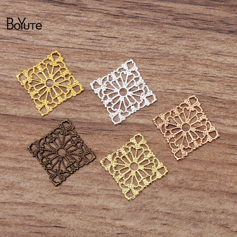 BoYuTe (100 Pieces/Lot) 15MM Metal Brass Stamping Square Filigree Findings Diy Handmade Jewelry Accessories Wholesale