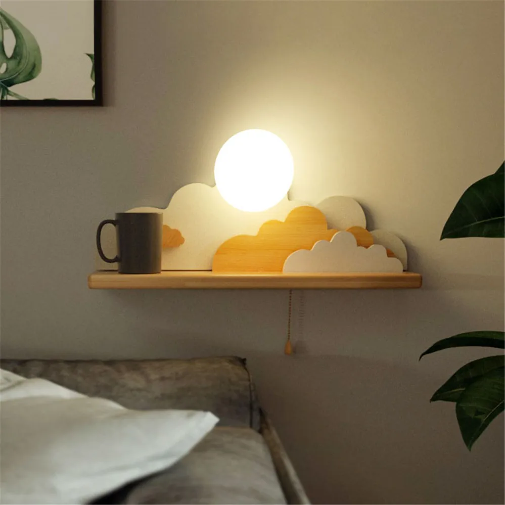 Creative Clouds Sun Wood Shelf Glass Led Wall Lamp With Pull Switch Children Bedroom Bedside Study Sconce Girls Light Fixtures