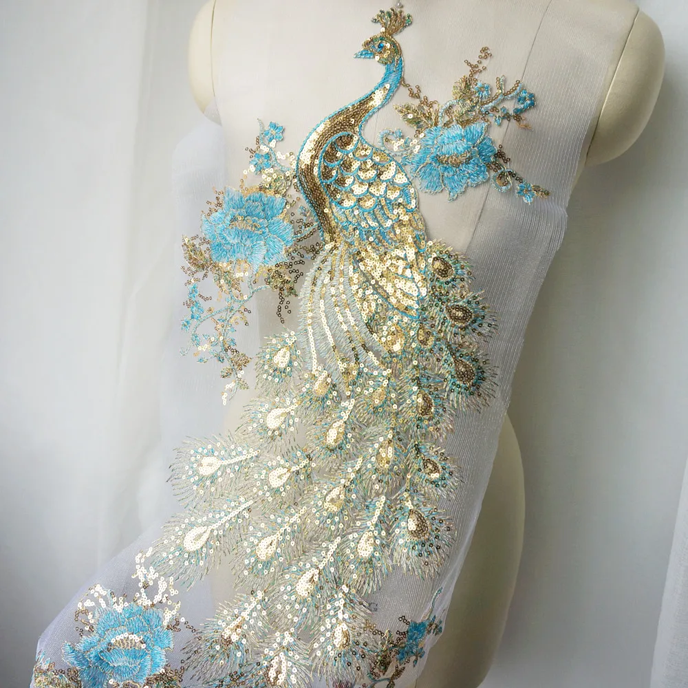 縫い付けられたレースのアップリケ,石の刺繍が施された青い縫製パッチ,結婚式のドレス,工芸品