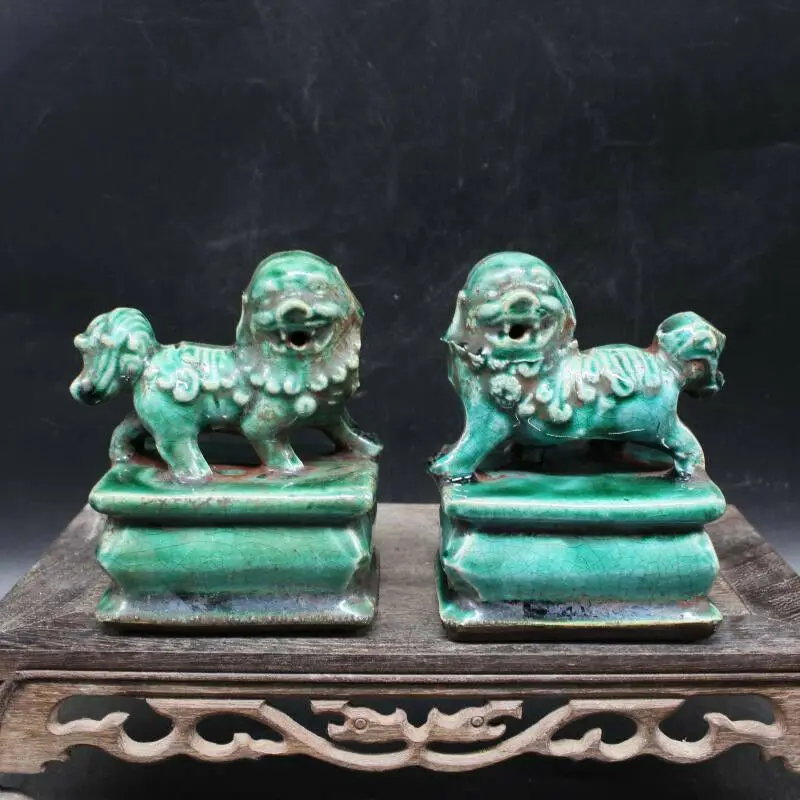 

Chinese Old Marked Green Glazed Porcelain Pair of Palace Lions Foo Dogs Collectible Ancient Asian Decorative Artware