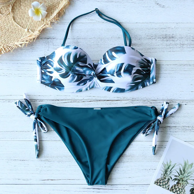 2023 New Leaves Print Bikini Swimsuit Women Push Up Bikini Set Bandeau Swimwear Bathing Suit  Biquini Female Bikinis Sets 2 pcs