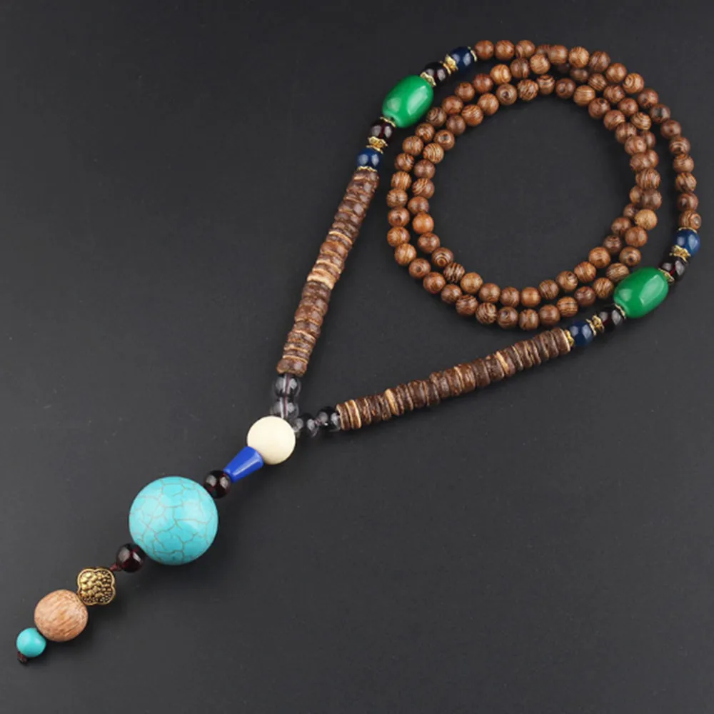 

Retro ethnic wooden beads Handmade Pendant Necklace Long Sweater Chain N601