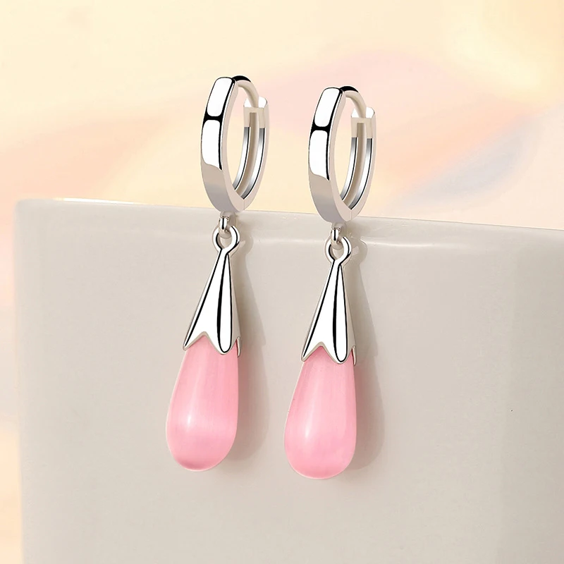 HuiSept Fashion 925 Silver Earrings Jewelry Water Drop Pink Cat Eye Stone Long Style Ornaments Earrings for Female Wedding Party