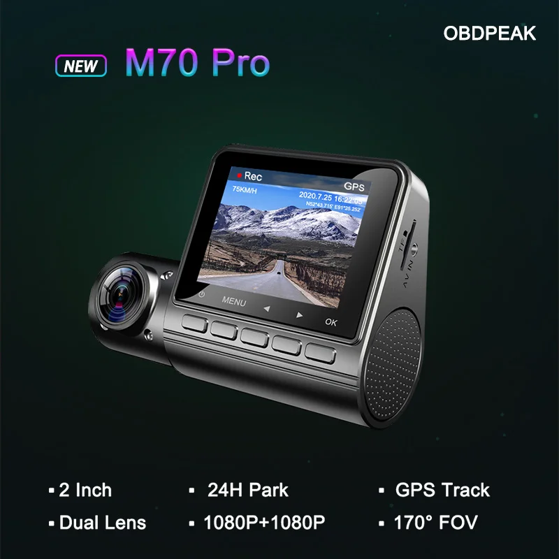 OBDPEAK M70 Pro Dash Cam Dual Lens Speed and GPS Coordinates Cam Parking Monitor Night Vision Car DVR 1080P Rear Camera 24H Park